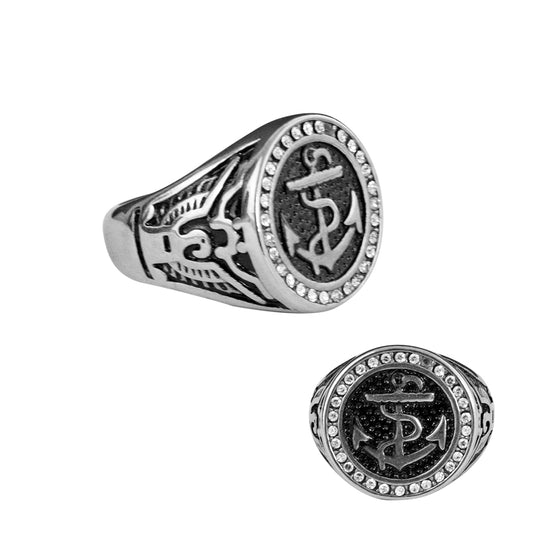 Anillo Ancla Circonias Plateado Acero Hombre