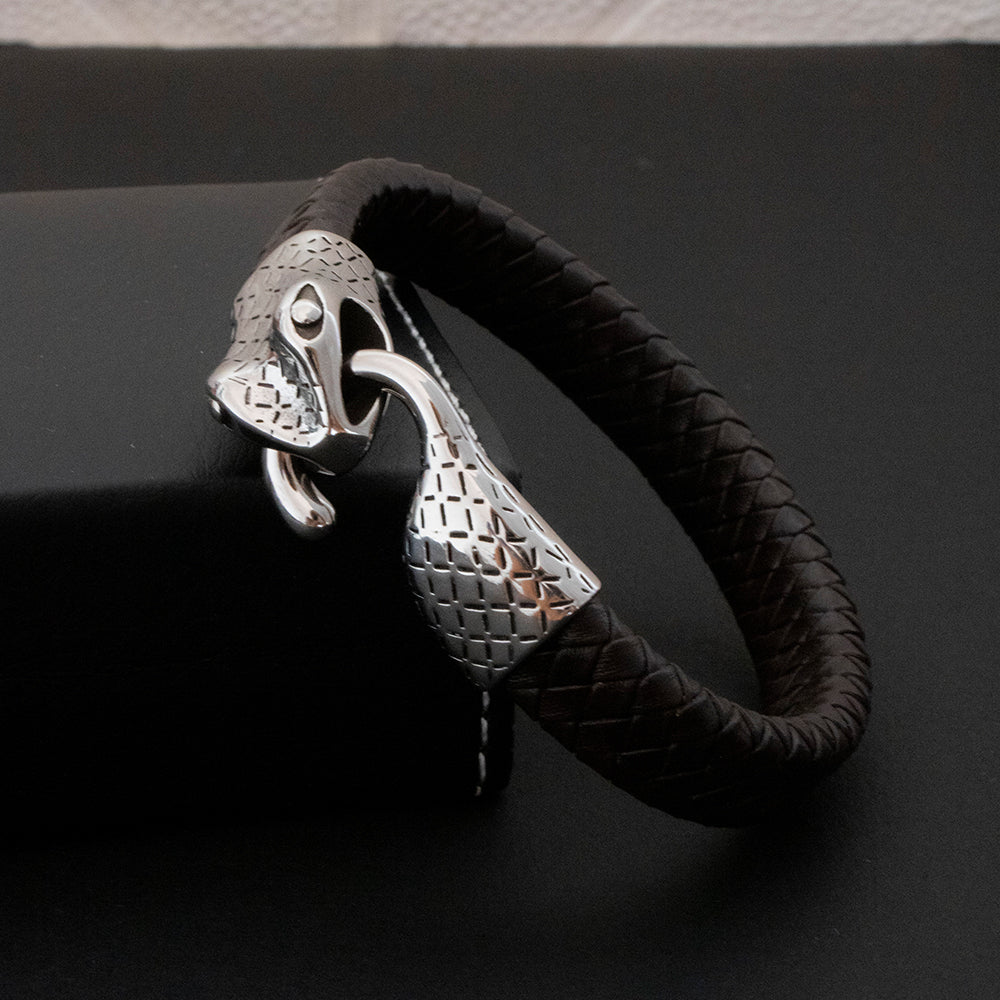 Pulsera Snake Cuerina  Plateado Hombre