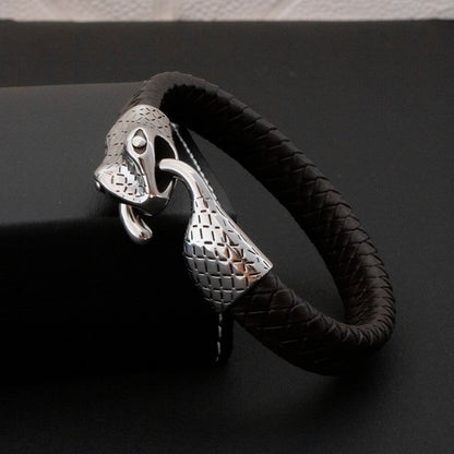 Pulsera Snake Cuerina  Plateado Hombre