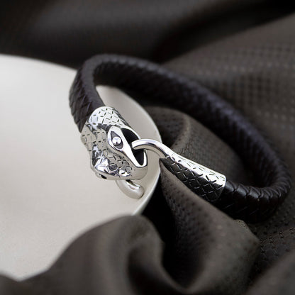 Pulsera Snake Cuerina  Plateado Hombre