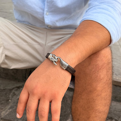 Pulsera Snake Cuerina  Plateado Hombre