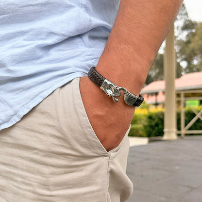 Pulsera Snake Cuerina  Plateado Hombre